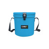 A blue 12L ice bucket with a secure lid and a handy rope handle, featuring a logo on the front.