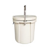 A 15L ice bucket in white, featuring a sturdy handle and a secure lid, with a logo on the front.