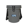 A grey ice bucket with a secure lid, featuring a handy rope handle and a logo on the front.