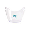 A clear ice bucket with a rounded design and handles, featuring a colourful logo.