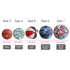 A display of five basketballs in various designs and colours, representing different sizes and categories.