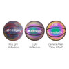 A holographic basketball in various lighting conditions, displaying vibrant, reflective colours. The ball features a logo.