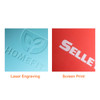A close-up of two promotional items featuring laser engraving and screen print in teal and red colours.