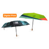 A triple folding RPET umbrella in vibrant green and black with a logo and digital print design.