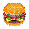 A cartoon illustration of a hamburger featuring a sesame seed bun, lettuce, tomato, onion, and cheese.