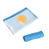 A microfibre beach towel in light blue with a sun graphic, rolled and folded for easy storage.
