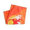 An orange sports towel featuring a basketball and player graphic, folded neatly with a logo.