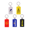 A collection of rectangular hard plastic keyrings in white, yellow, red, blue, and black, featuring various logos.