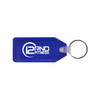 A blue hard plastic keyring featuring a silver keyring attachment and a logo.