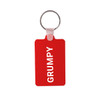 A red rectangular keyring with a silver metal ring and a branding logo. The keyring features the word "GRUMPY".