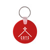A round red Durasoft keyring with a silver metal ring, featuring a logo on one side.