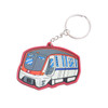 A custom-shaped PVC keyring featuring a colourful train design with a silver keychain attachment.