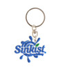 A blue and white custom-shaped PVC keyring featuring a logo, attached to a metal ring.