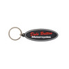 A custom shape black and red PVC keyring with a circular metal keychain attachment, featuring a logo.