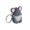 A grey and pink custom-shaped PVC keyring featuring a cute mouse design, attached to a metal keyring.