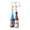 Two custom shape resin keychains resembling drink bottles in blue and brown, attached to metal key rings.