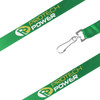 A green satin lanyard with a clip and a logo printed in yellow and white.