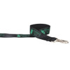 A black satin lanyard with a metal clip and green branding/logo.