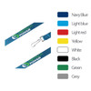 A navy blue satin lanyard with a clip, featuring a logo. Other colour options include light blue, light red, yellow, white, black, green, and grey.