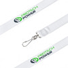 A white satin lanyard featuring a logo, with a metal clip for attachments.