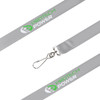 A grey satin lanyard with a clip at one end and featuring a logo along its length.