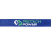 A blue satin lanyard featuring a logo and branding in green and white colours.