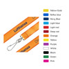 An orange woven lanyard featuring a clip, with various colour options listed beside it.