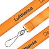 An orange woven lanyard with a silver clip and branding along its length.