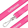 A pink woven lanyard featuring a metal hook and a logo. Perfect for exhibitions and events.