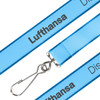 A blue woven lanyard featuring a metal clip and logo, designed for exhibitions and events.