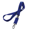 A blue neoprene lanyard with a metal clip, featuring a logo along its length.
