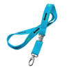A blue neoprene lanyard with a metal clip and a logo. It features a soft, padded design for comfort.