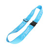 A blue woven luggage belt with a buckle and a logo, designed to secure bags during travel.
