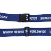 A woven luggage belt in blue with black clasps and a logo, designed for securing luggage.