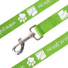 A green polyester dog leash with a metal clasp and a logo on the fabric.