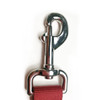 A silver metal clip attached to a red polyester dog leash. The clip features a secure latch mechanism.