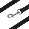 A black polyester dog leash featuring a sturdy metal clip and adjustable buckle.