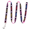 A detailed woven dog leash in black with vibrant pink, green, and blue patterns, featuring a clip for attachment.