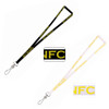 A black and yellow lanyard alongside a white and yellow lanyard, both featuring a logo.
