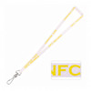 A bamboo lanyard in pale pink and yellow, featuring a logo and a metal clip for attachment.
