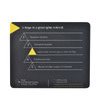 A black mouse mat featuring a yellow triangle design, with an outline of five steps for spine referrals and a logo.