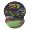 A round mouse mat featuring images of football players and a stadium, showcasing red, blue, and green colours with a logo.