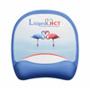 A blue mouse mat with a gel wrist pad featuring two flamingos and a logo on the surface.