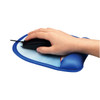 A blue mouse mat with a gel wrist support, featuring a hand using a black computer mouse.