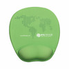A green mouse mat featuring a padded wrist rest and a world map design in a dot pattern, with a logo.