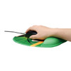A green Pea Gel Pad mouse mat with a hand using a black mouse on it. The mat features a smooth surface and a logo.