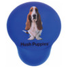 A blue mouse mat featuring a basset hound design and a logo at the bottom.