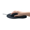 A black mouse mat with a hand holding a black computer mouse, featuring a smooth surface.
