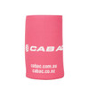 A pink stubby holder with a base, featuring a logo and smooth fabric texture.