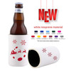 A drink bottle in a white neoprene stubby holder with red designs and a base beside it.